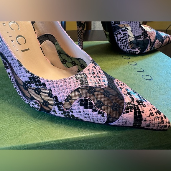 New Gucci Python Print GG Logo High Heels Shoes Pink Black Size 37.5 / US 7.5 - Picture 3 of 16